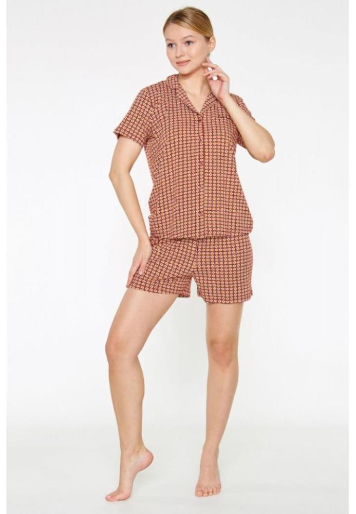 Pijama Dama,Bluza cu Mâneci Scurte și Pantaloni Scurți cu Elastic în Talie, Bordo,Engros